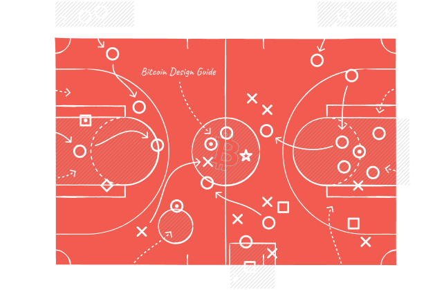Sports strategy diagram-style illustration with a coral red background resembling a football or basketball playbook. White geometric elements including circles, arrows, dotted lines, X marks, and squares are arranged to look like player positions and movement patterns on a field or court. Text reading 'Bitcoin Design Guide' appears in white in the upper portion. The design mimics the classic chalk-on-board aesthetic of coaches drawing up plays, applied as a creative visual metaphor for design strategy.