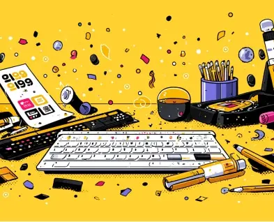 Illustration of a creative workspace with a bright yellow background. A white keyboard sits in the center surrounded by scattered art supplies including colored pencils in a container, paintbrushes, a paint palette, and various small objects. A tablet or device displaying colorful interface elements is visible on the left side. The scene has a playful, artistic atmosphere with small decorative elements scattered throughout.