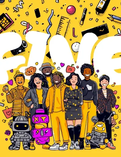 Colorful illustration featuring a diverse group of six people standing together against a bright yellow background filled with floating creative tools and objects like paintbrushes, rulers, phones, and art supplies. The group includes people of various ethnicities and styles - some wearing casual clothes, others in more formal attire. Two small robot characters are positioned at the bottom corners of the group. The overall style is vibrant and cartoon-like, suggesting themes of creativity, collaboration, and technology.