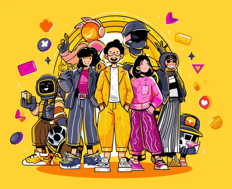 Whimsical illustration of a large yellow doorway or portal with black and white striped steps leading up to it. The doorway opens to a starry night sky filled with white dots resembling stars or snow. The bright yellow background surrounds a garden-like scene with colorful flowers, plants, and small floating icons representing various digital elements like chat bubbles, cameras, and interface symbols. The overall style is playful and dreamlike, suggesting a transition between the digital world and a magical or cosmic space.